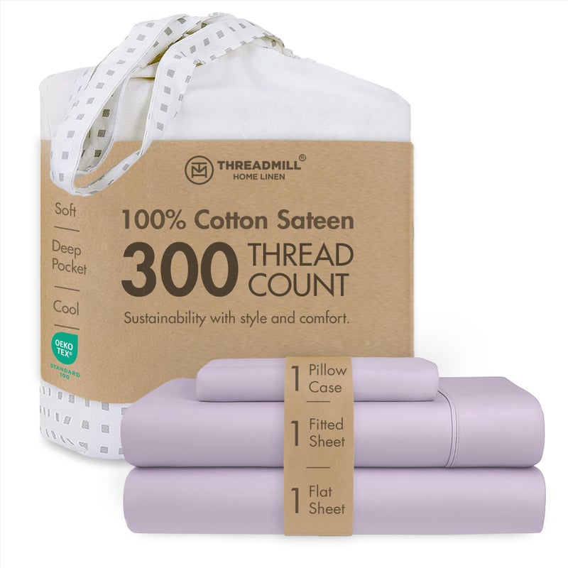 Threadmill Cotton Twin XL Sheet Set | 100% Cotton Sheets for Twin XL Size Bed | Solid Sateen Twin XL Bed Sheets Set with 16â€ Deep Pocket | Soft Breathable 3-Piece Cooling Sheet Set | Lilac - Image 1